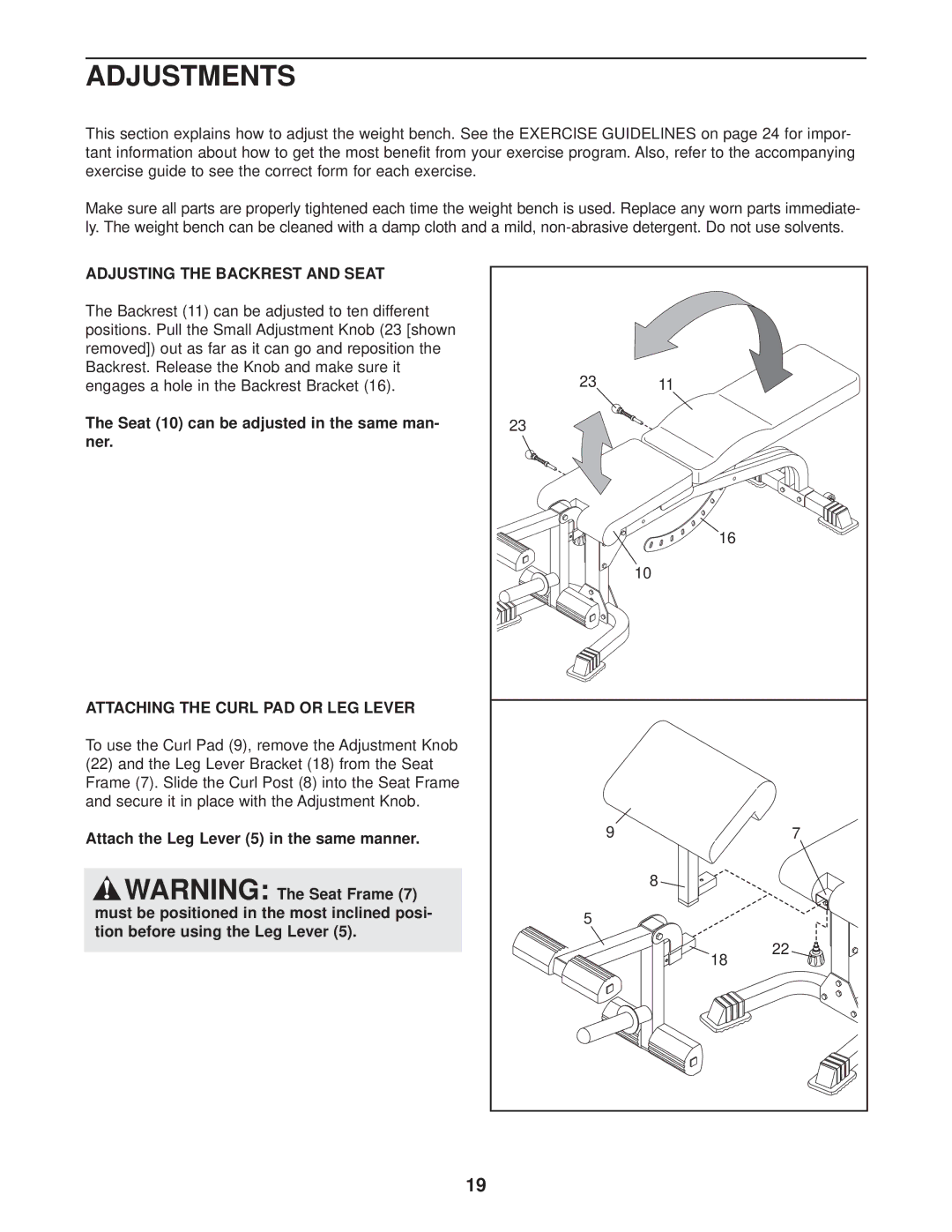 Weider WEBE37330 user manual Adjustments, Adjusting the Backrest and Seat, Seat 10 can be adjusted in the same man- ner 