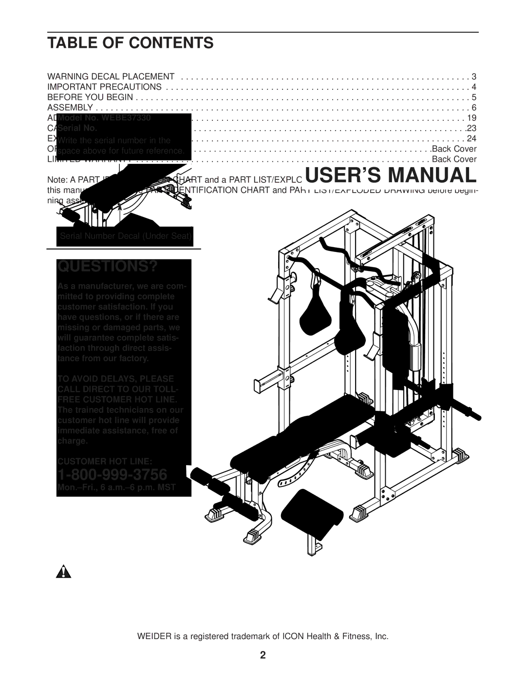 Weider WEBE37330 user manual Table of Contents 