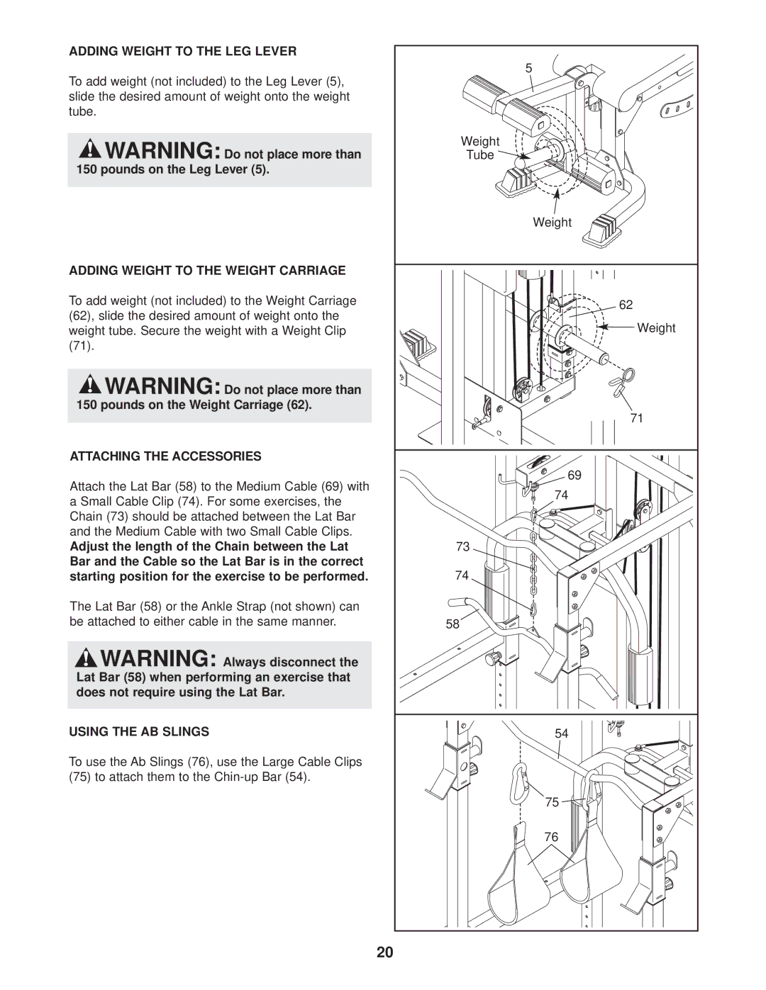 Weider WEBE37330 Adding Weight to the LEG Lever, Adding Weight to the Weight Carriage, Attaching the Accessories 