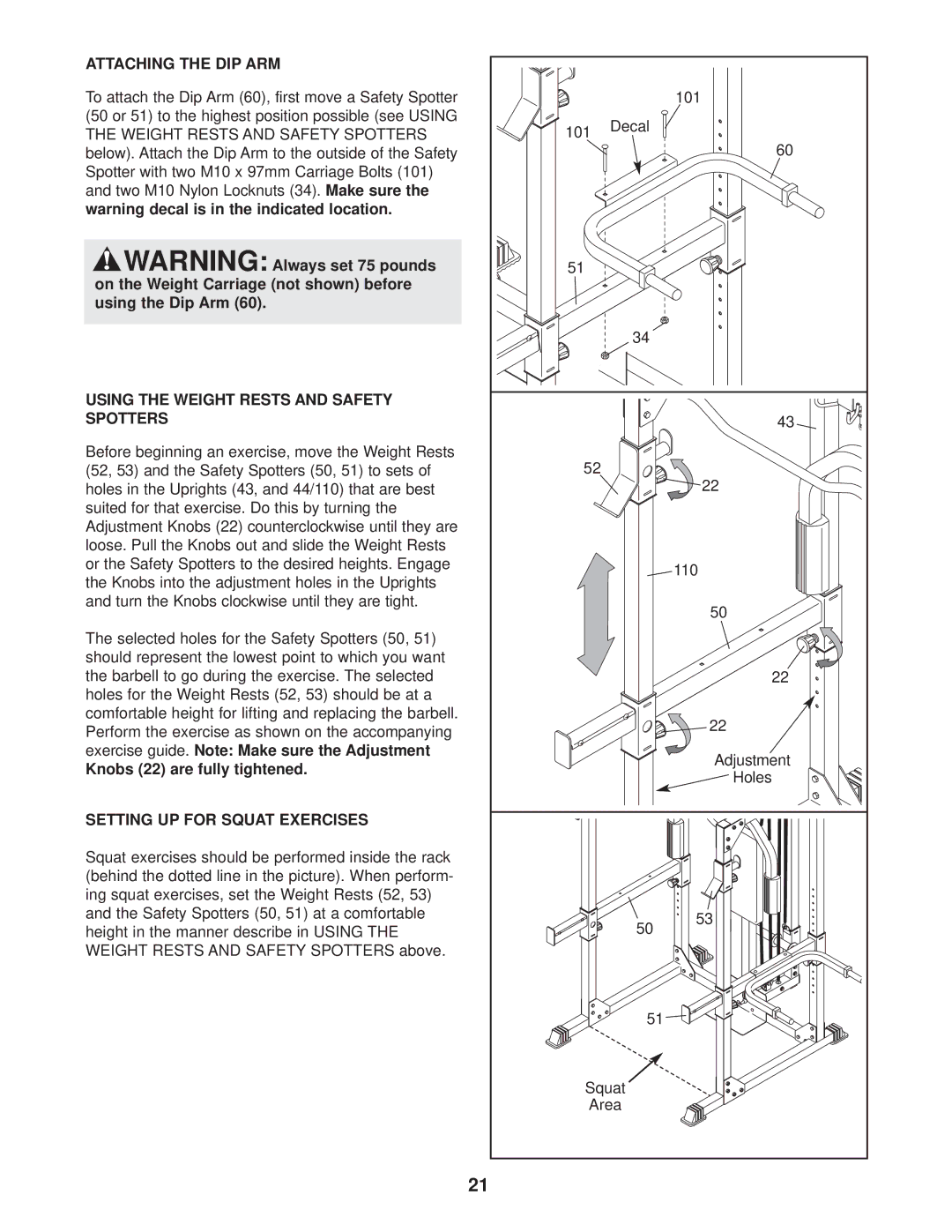 Weider WEBE37330 Attaching the DIP ARM, Using the Weight Rests and Safety Spotters, Knobs 22 are fully tightened 