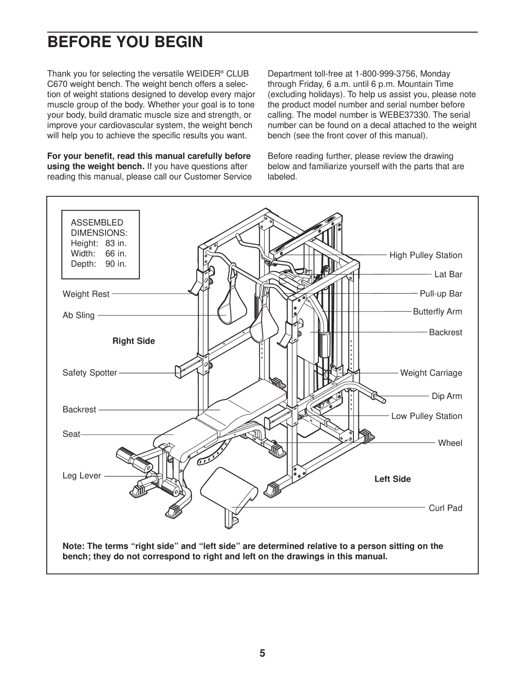 Weider WEBE37330 user manual Before YOU Begin, Right Side, Left Side 