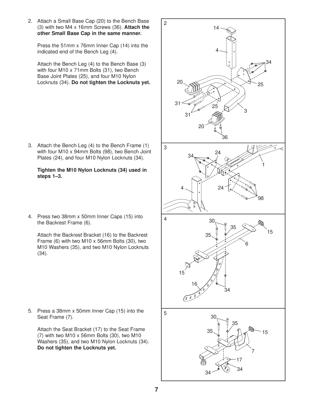 Weider WEBE37330 user manual Other Small Base Cap in the same manner, Locknuts 34. Do not tighten the Locknuts yet 