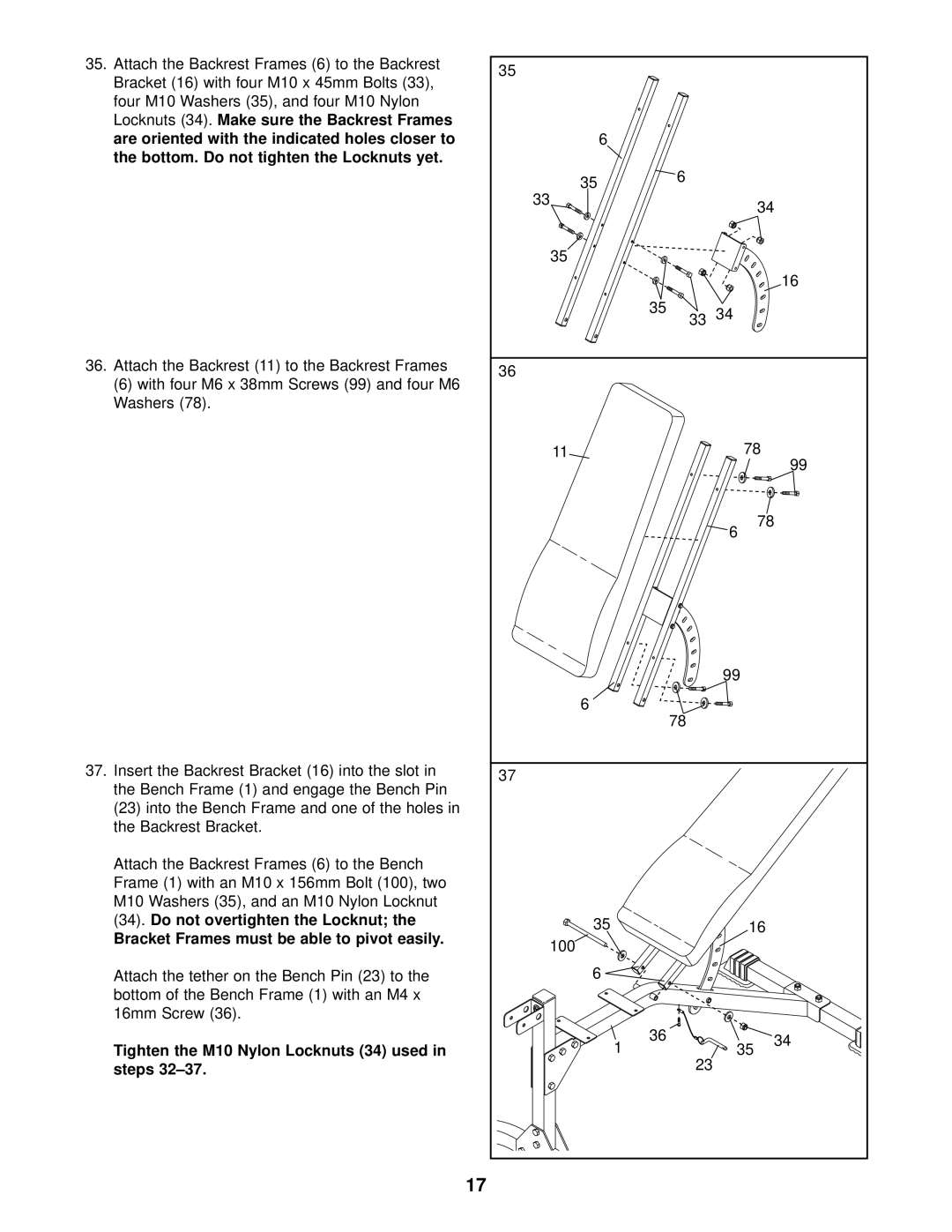 Weider WEBE37340 user manual Bracket Frames must be able to pivot easily, Tighten the M10 Nylon Locknuts 34 used in steps 