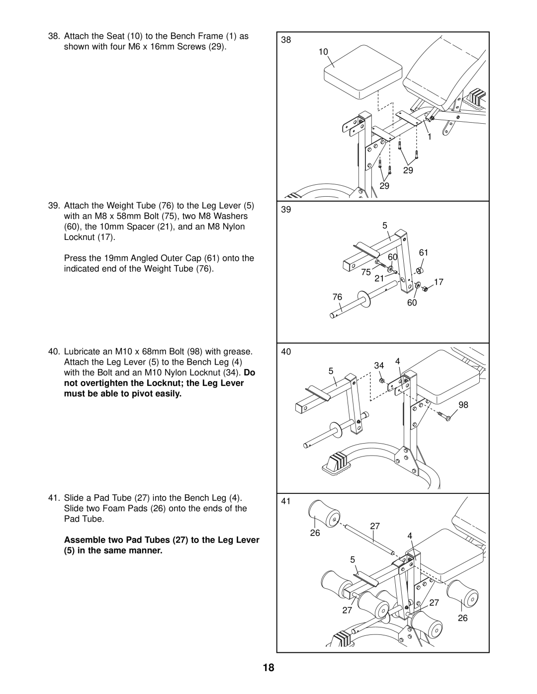 Weider WEBE37340 user manual Assemble two Pad Tubes 27 to the Leg Lever Same manner 