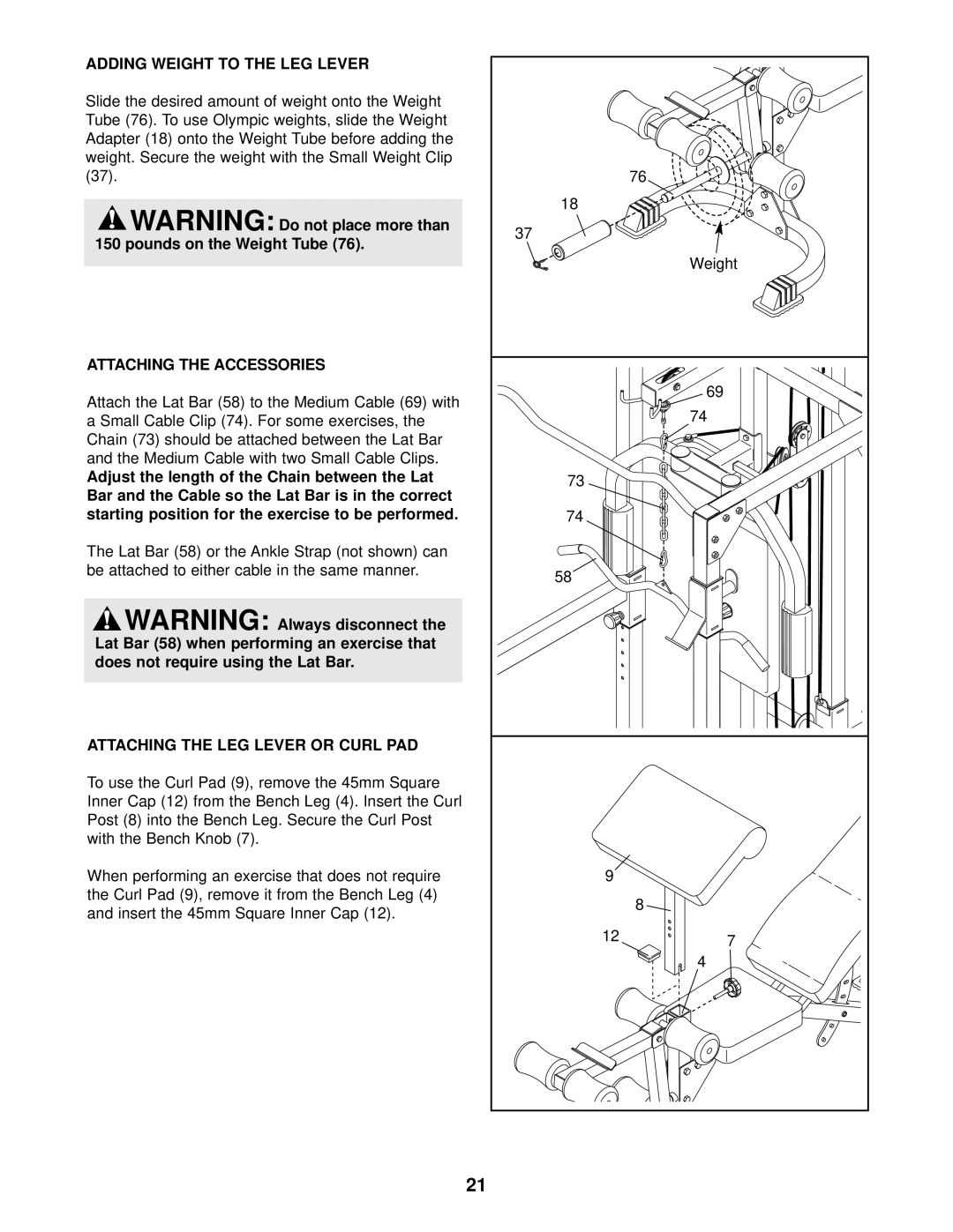 Weider WEBE37340 user manual Adding Weight to the LEG Lever, Attaching the Accessories, Attaching the LEG Lever or Curl PAD 