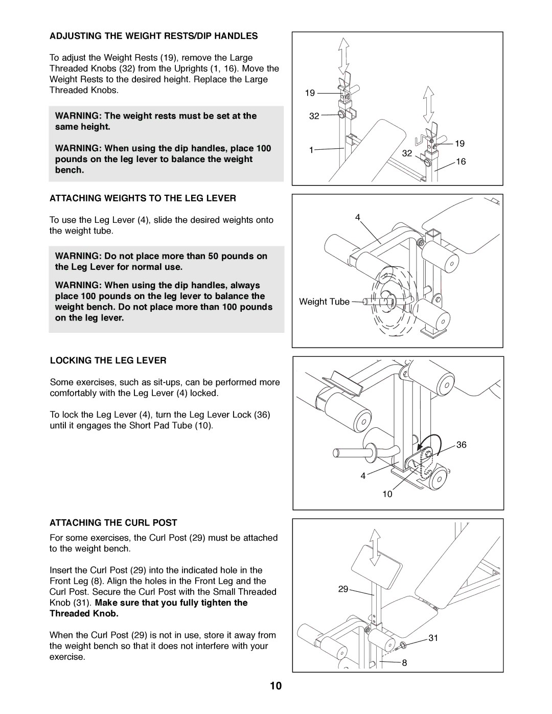 Weider WEBE38890 Adjusting the Weight RESTS/DIP Handles, Attaching Weights to the LEG Lever, Locking the LEG Lever 