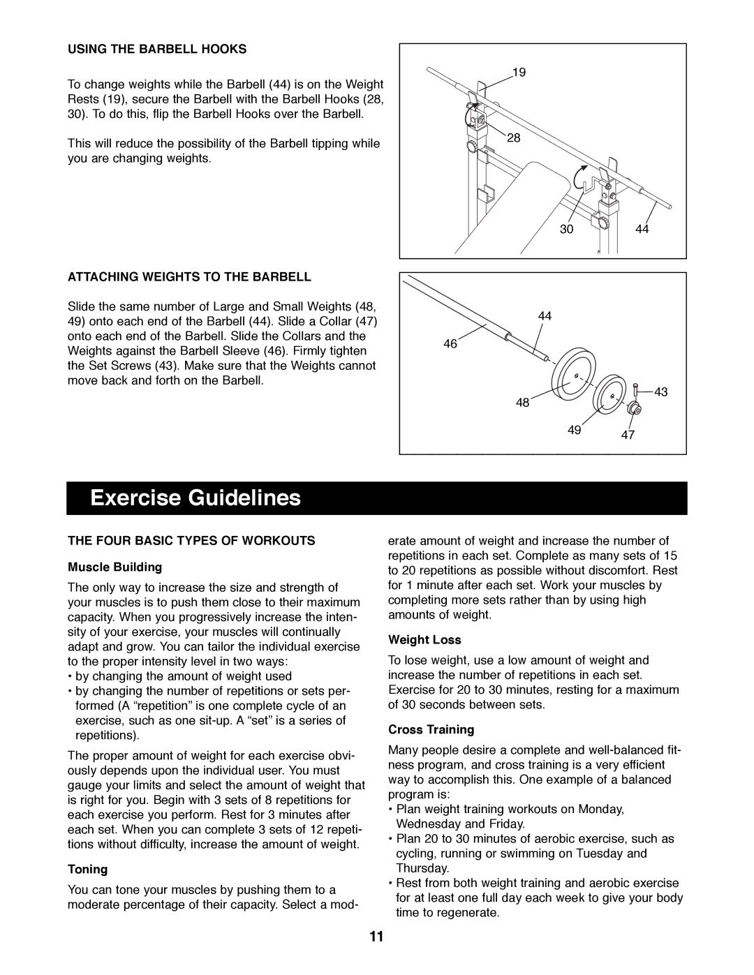 Weider WEBE38890 operating instructions Exercise Guidelines, Using the Barbell Hooks, Attaching Weights to the Barbell 