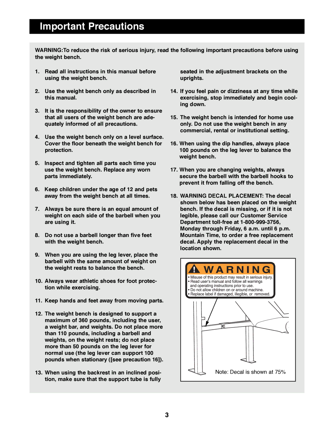 Weider WEBE38890 operating instructions Important Precautions 