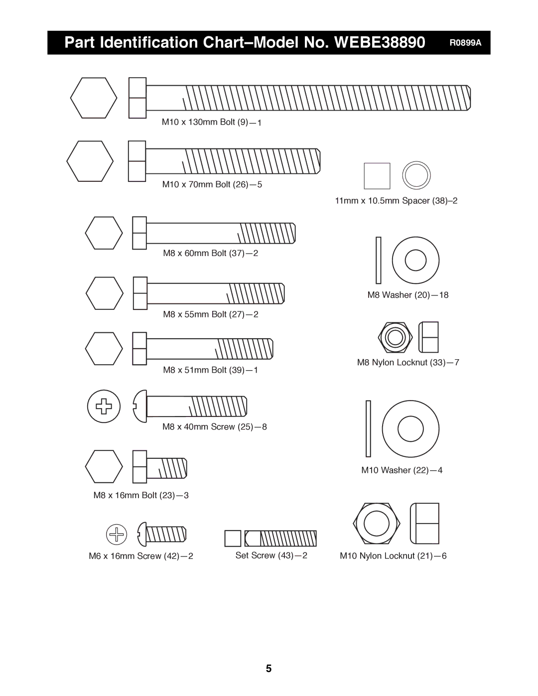 Weider operating instructions Part Identification ChartÐModel No. WEBE38890 R0899A 