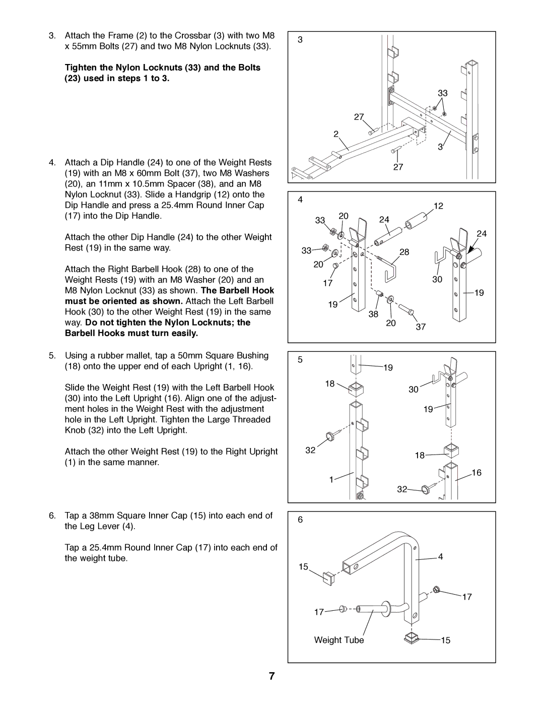 Weider WEBE38890 operating instructions Barbell Hooks must turn easily 