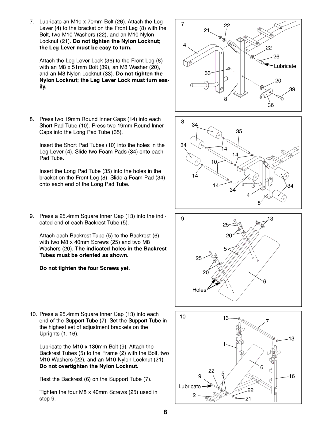 Weider WEBE38890 Nylon Locknut the Leg Lever Lock must turn eas- ily, Do not overtighten the Nylon Locknut 