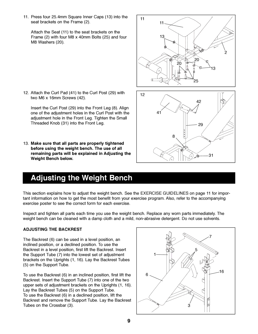 Weider WEBE38890 operating instructions Adjusting the Weight Bench, Adjusting the Backrest 