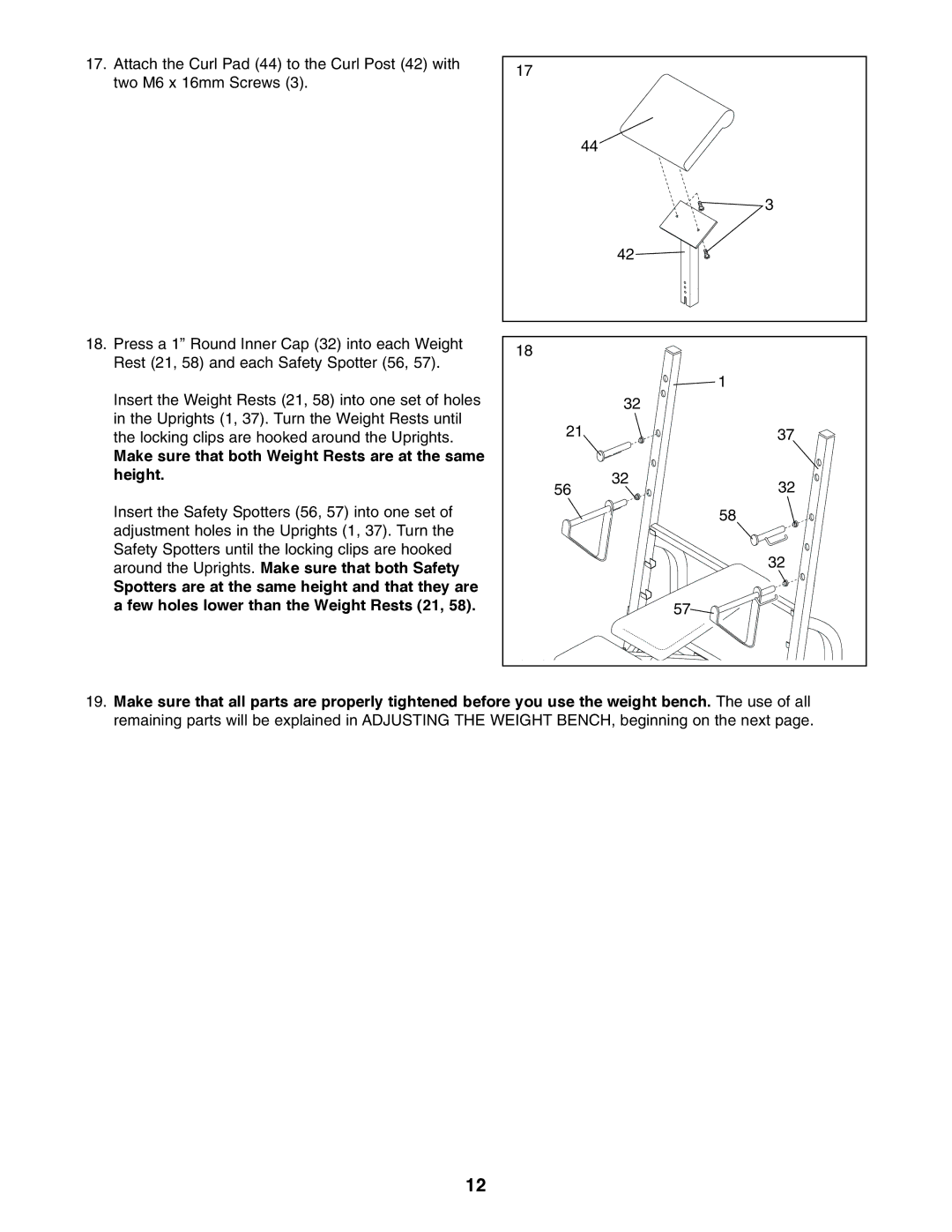 Weider WEBE44490 user manual Make sure that both Weight Rests are at the same height 