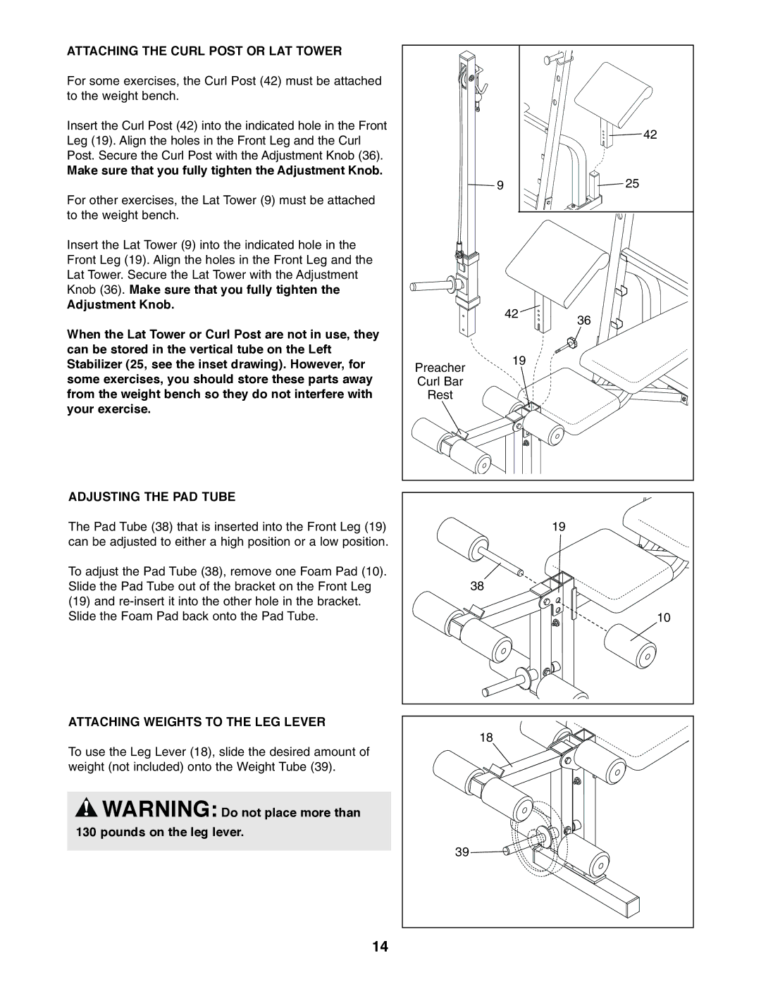 Weider WEBE44490 user manual Attaching the Curl Post or LAT Tower, Make sure that you fully tighten the Adjustment Knob 