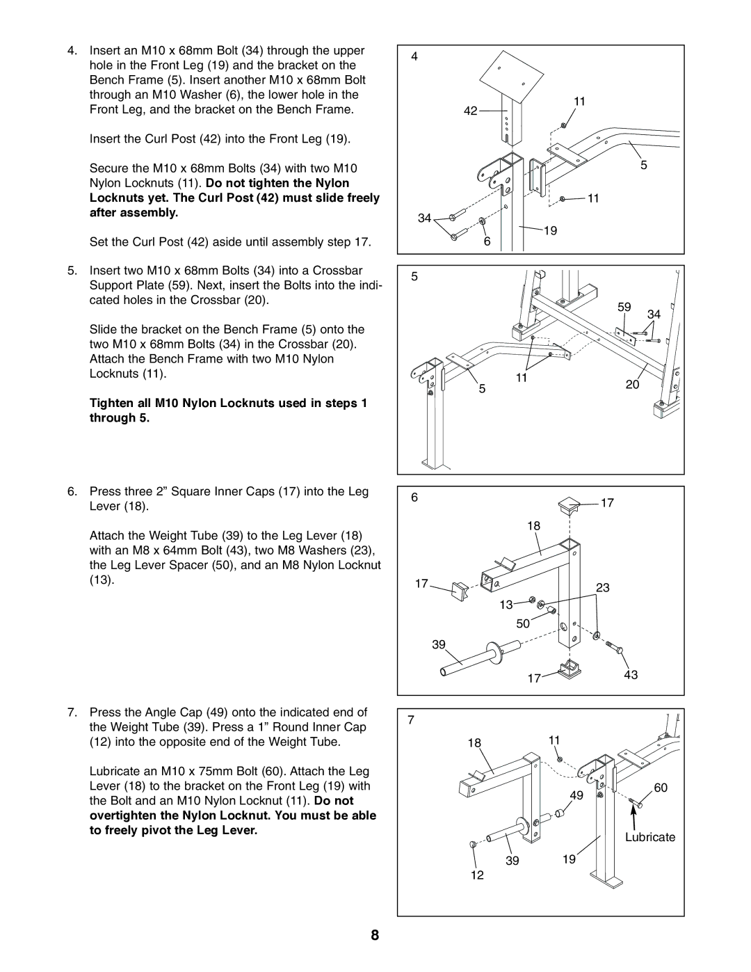 Weider WEBE44490 user manual Tighten all M10 Nylon Locknuts used in steps 1 through 