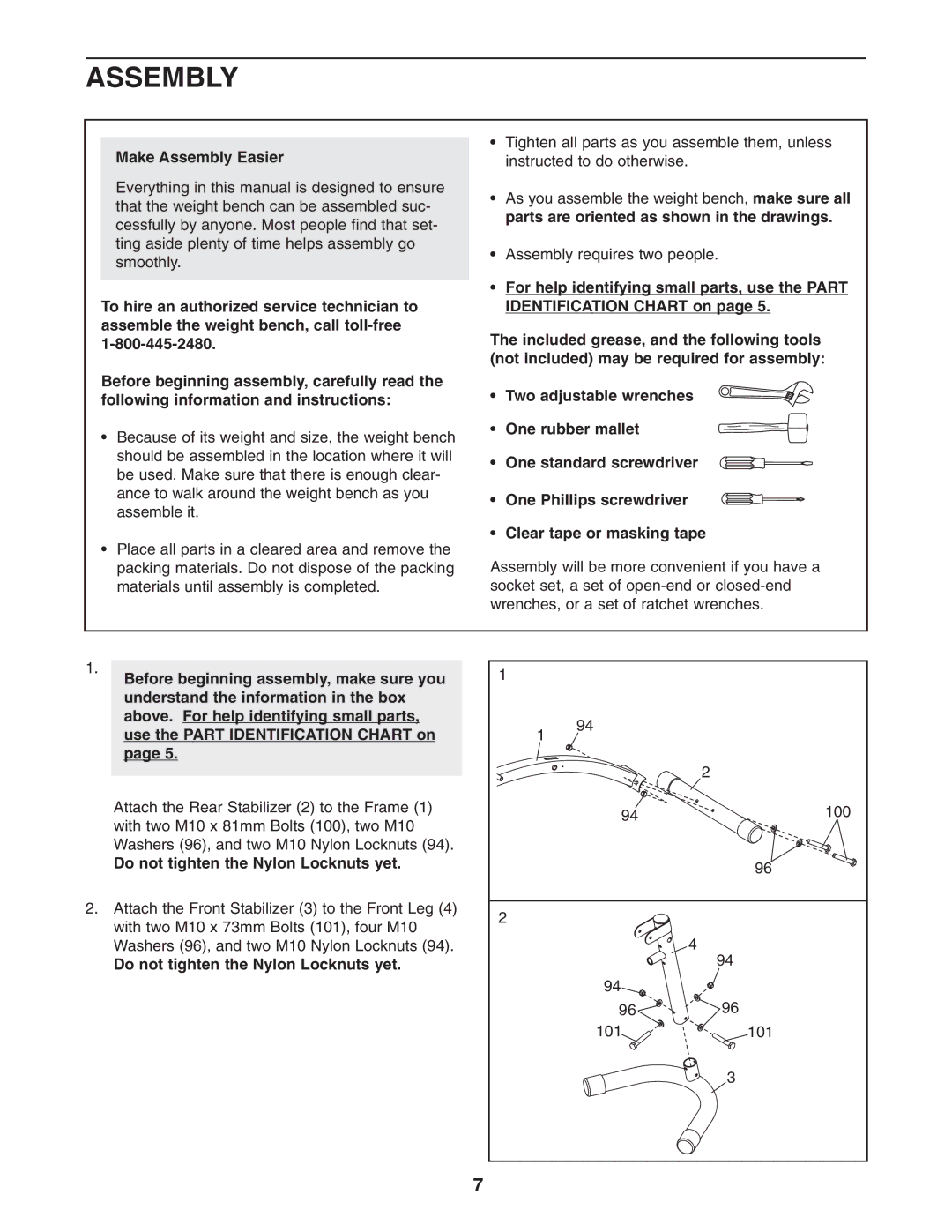 Weider WEBE4496.0 user manual Make Assembly Easier, Do not tighten the Nylon Locknuts yet 