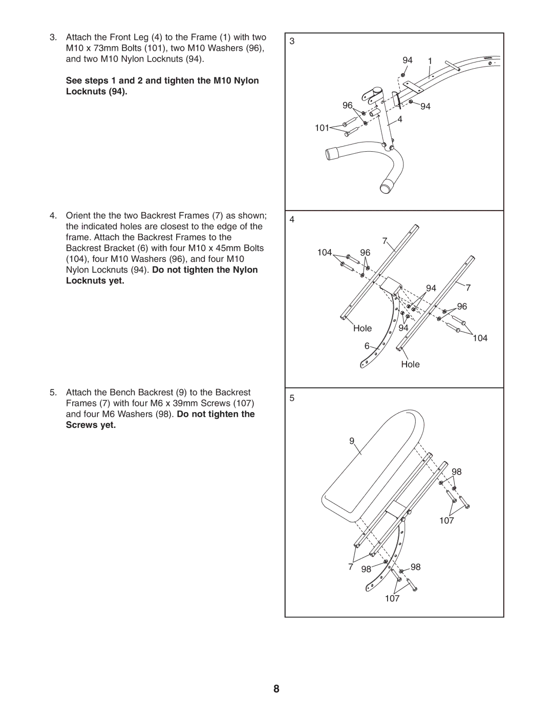 Weider WEBE4496.0 user manual See steps 1 and 2 and tighten the M10 Nylon Locknuts, Locknuts yet, Screws yet 