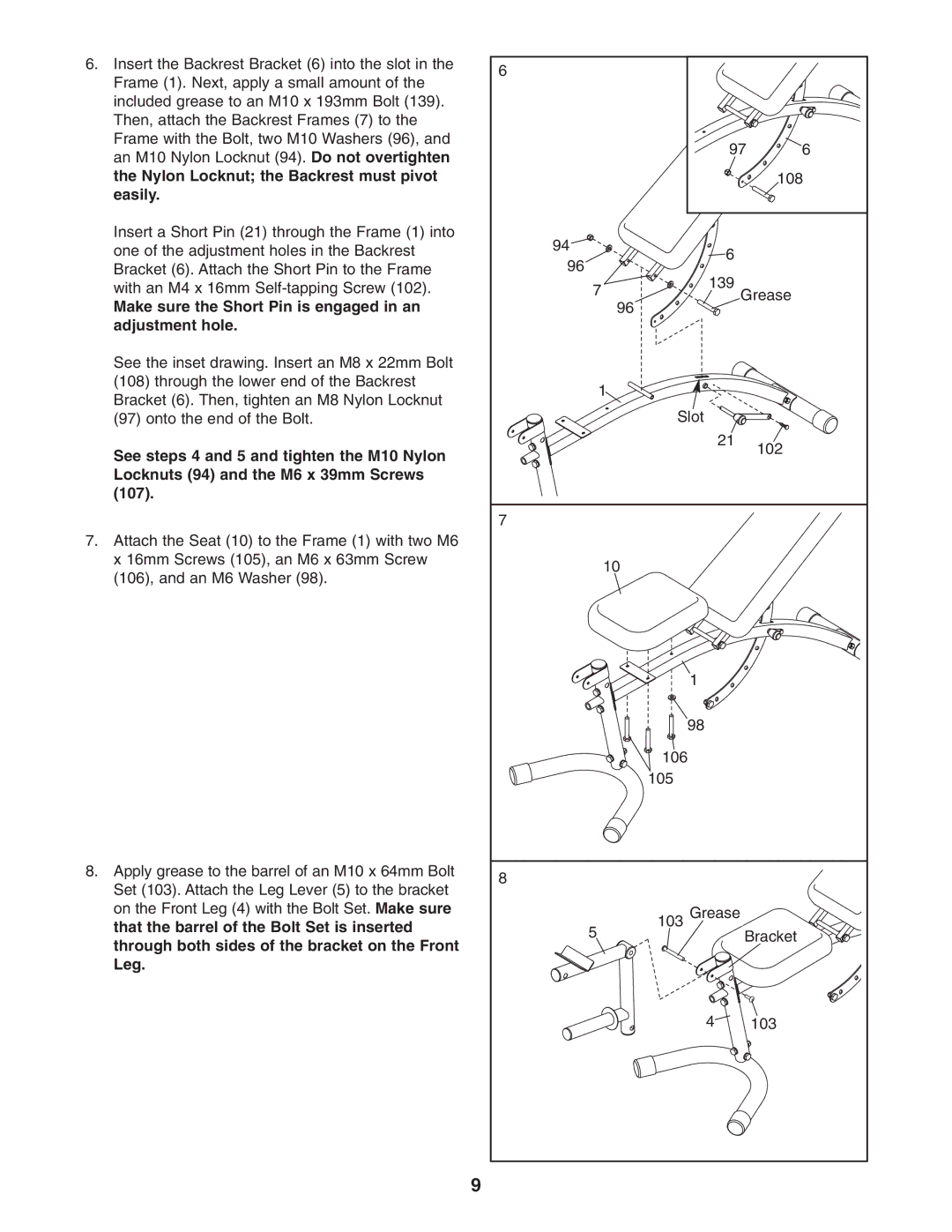 Weider WEBE4496.0 user manual Make sure the Short Pin is engaged in an adjustment hole 