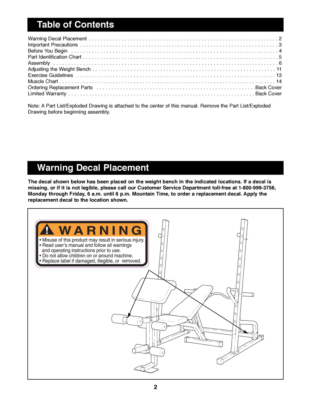 Weider WEBE63990 manual Table of Contents 