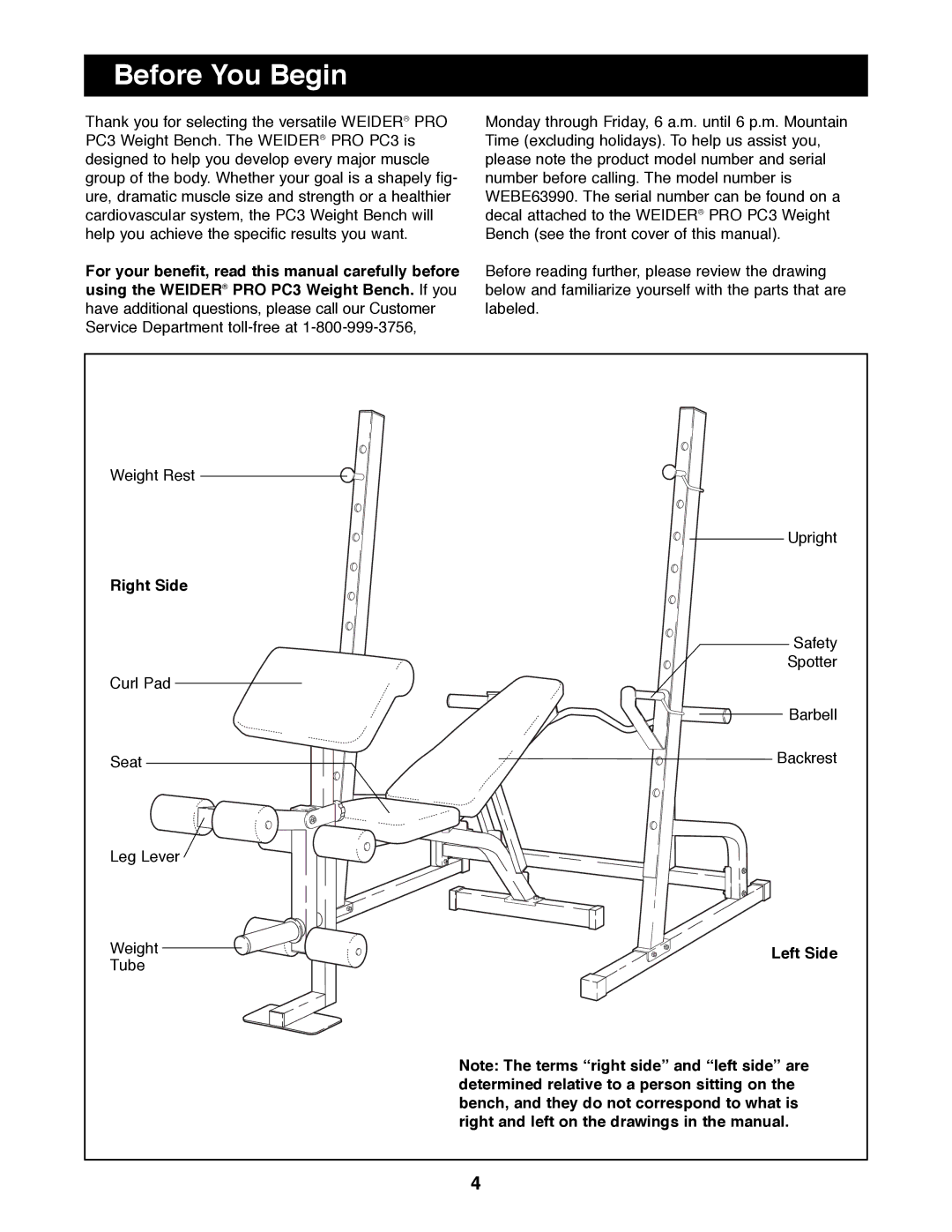 Weider WEBE63990 manual Before You Begin, Right Side, Left Side 