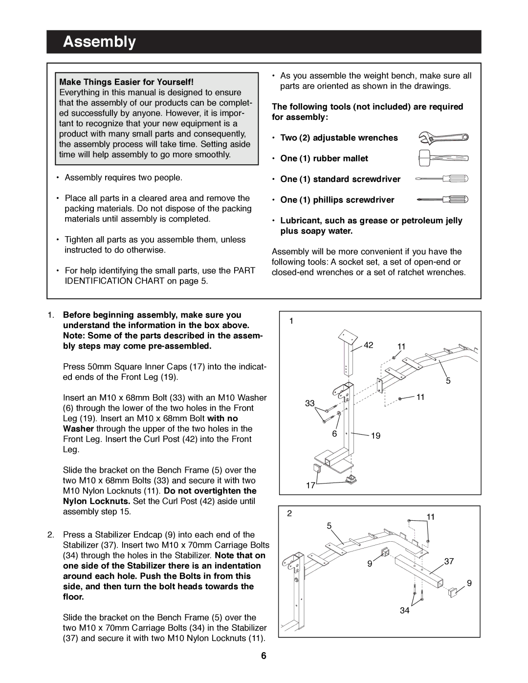 Weider WEBE63990 manual Assembly, Make Things Easier for Yourself 