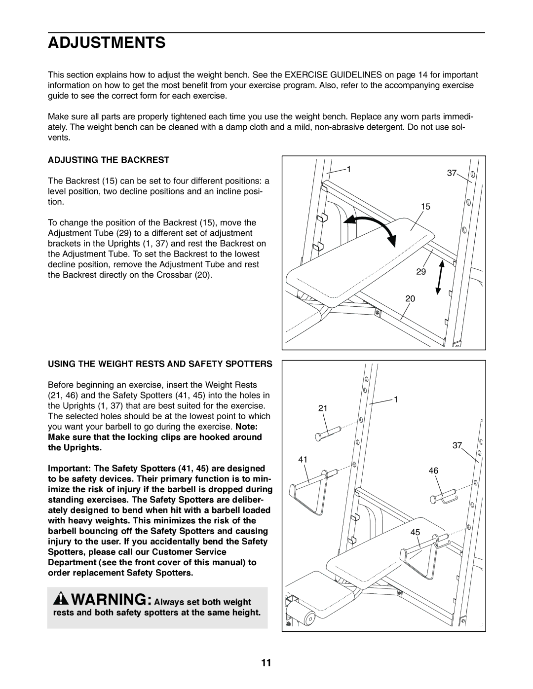Weider WEBE64410 user manual Adjustments, Adjusting the Backrest, Using the Weight Rests and Safety Spotters 