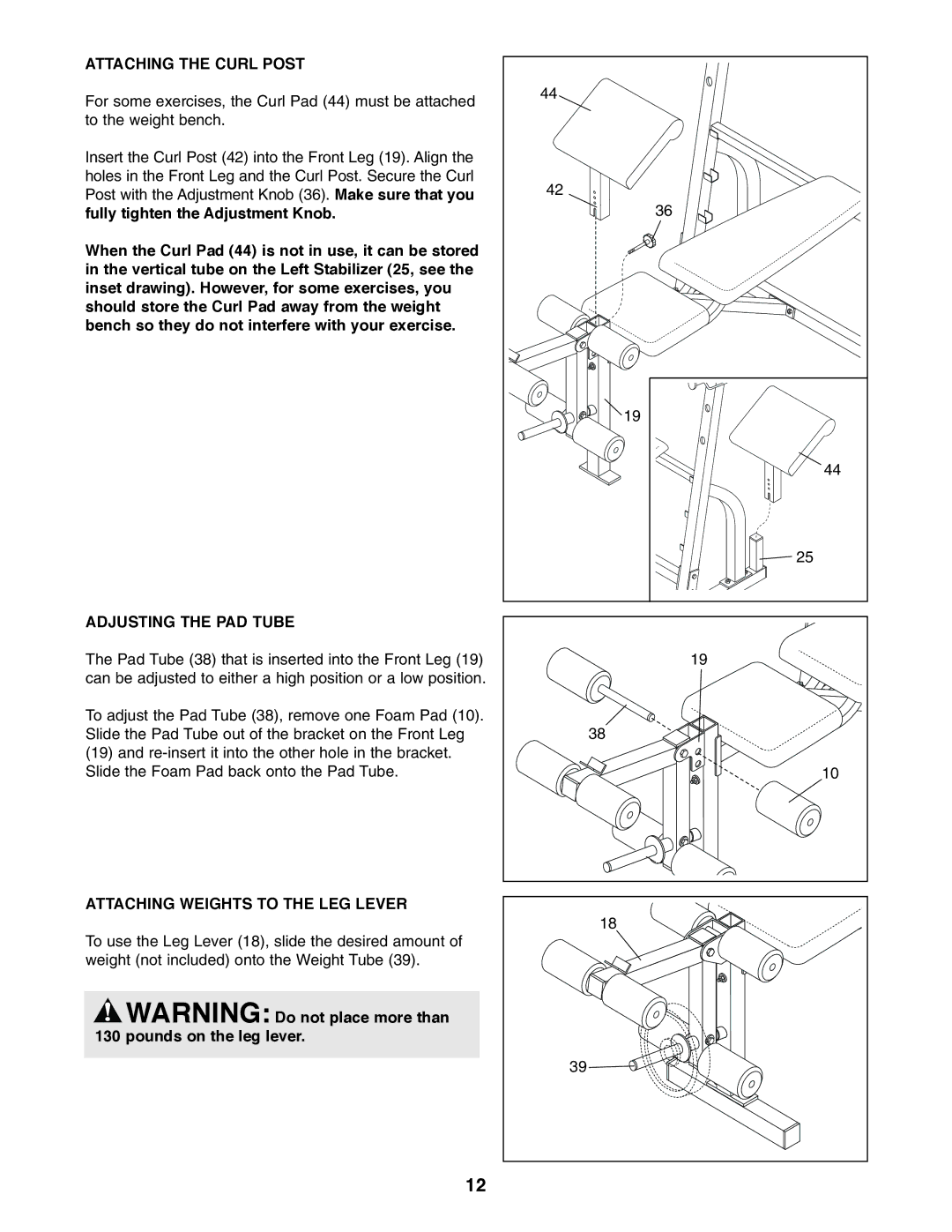 Weider WEBE64410 user manual Attaching the Curl Post, Adjusting the PAD Tube, Attaching Weights to the LEG Lever 