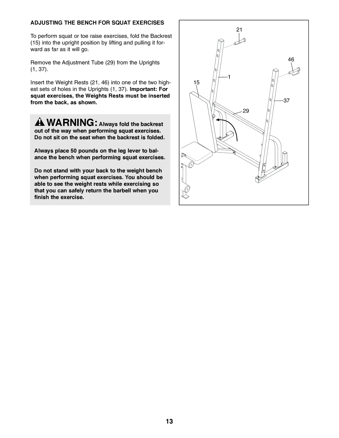 Weider WEBE64410 user manual Adjusting the Bench for Squat Exercises 