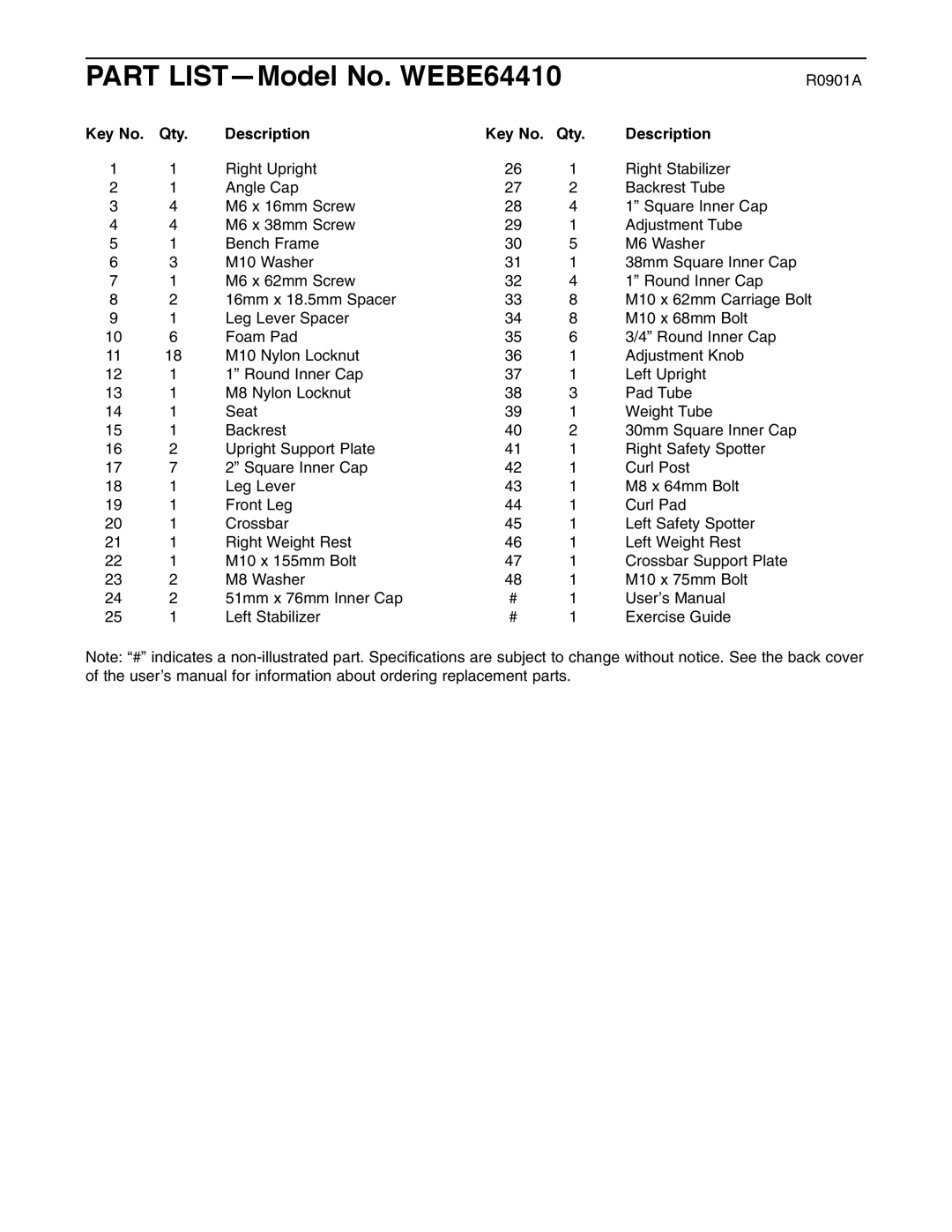 Weider user manual Part LIST-Model No. WEBE64410, Qty Description 