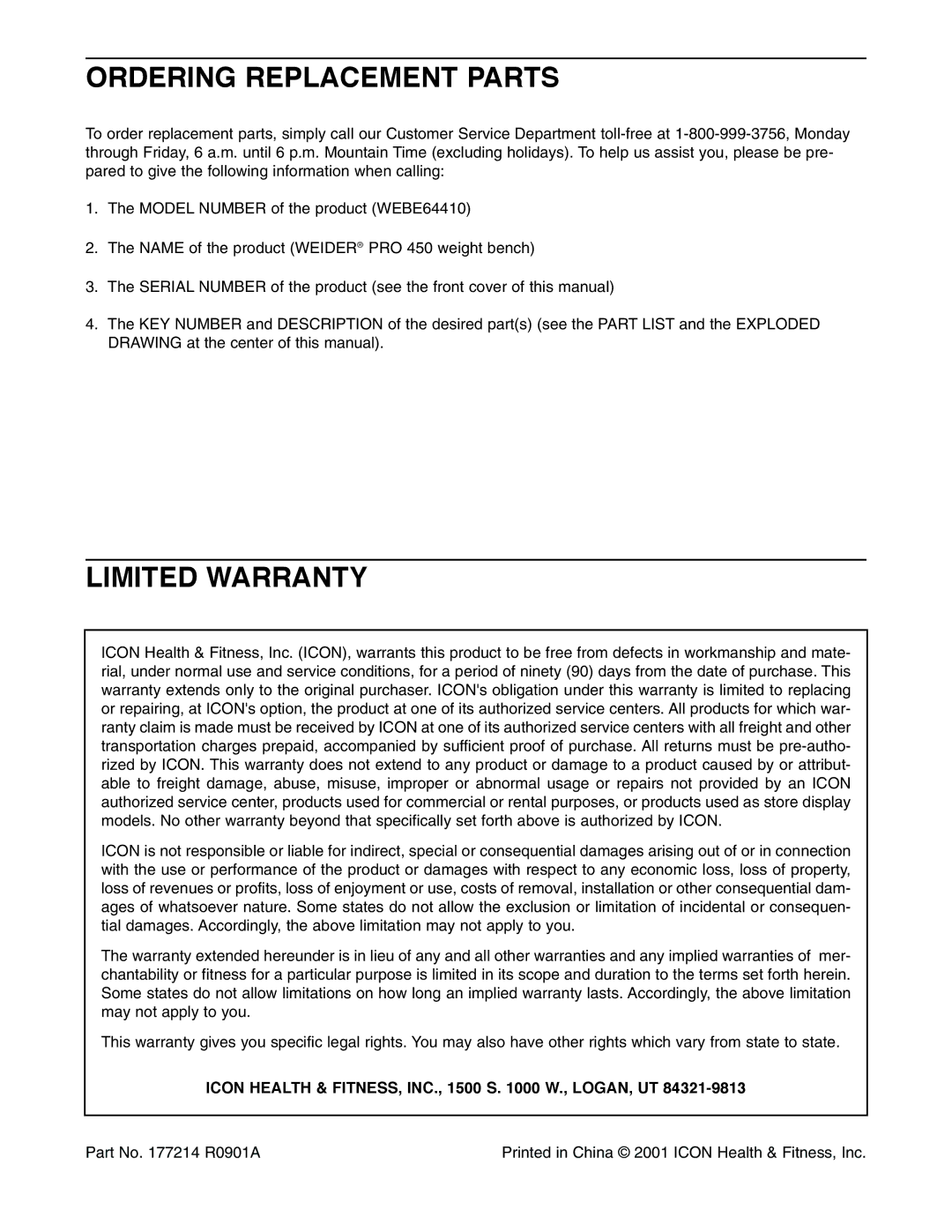 Weider WEBE64410 Ordering Replacement Parts, Limited Warranty, Icon Health & FITNESS, INC., 1500 S W., LOGAN, UT 