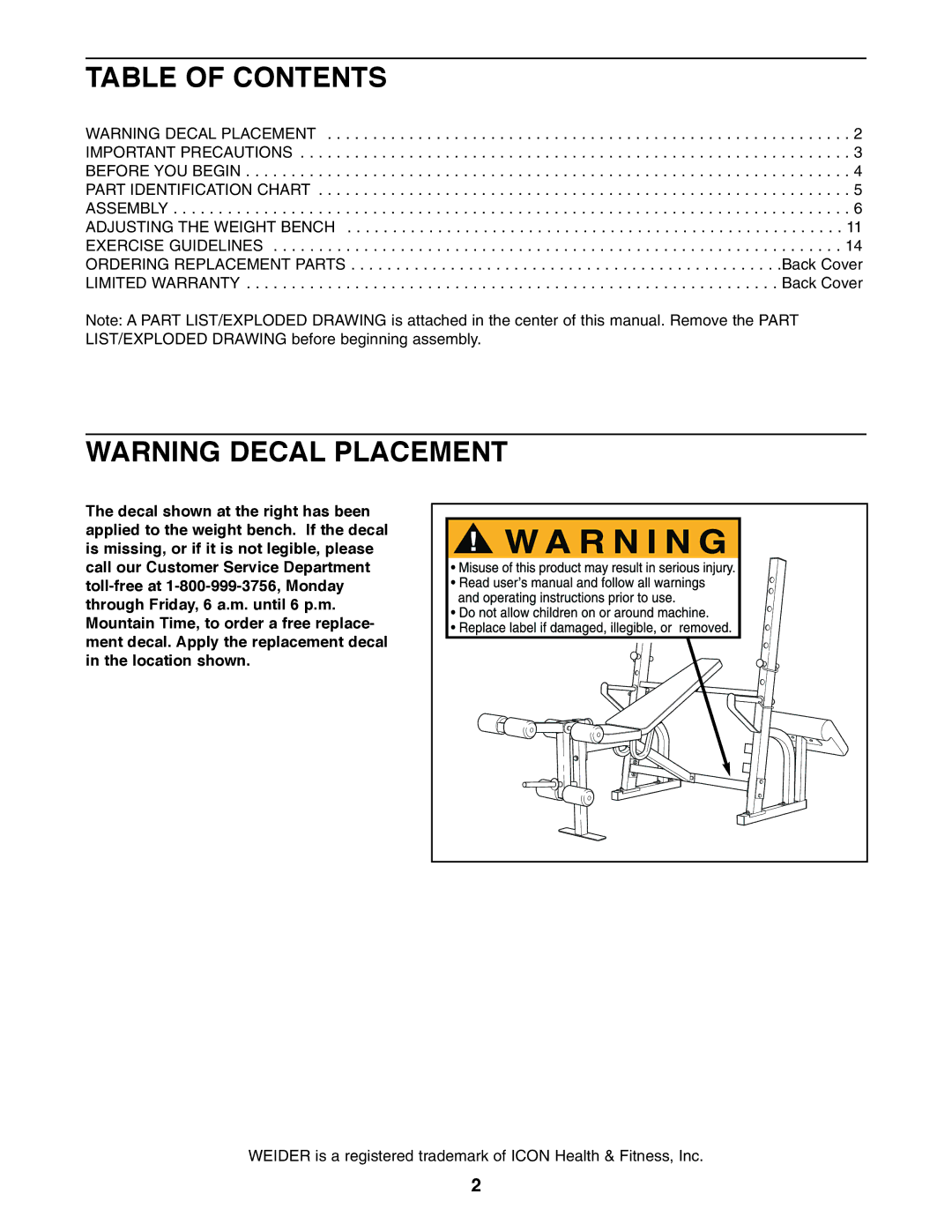 Weider WEBE64410 user manual Table of Contents 