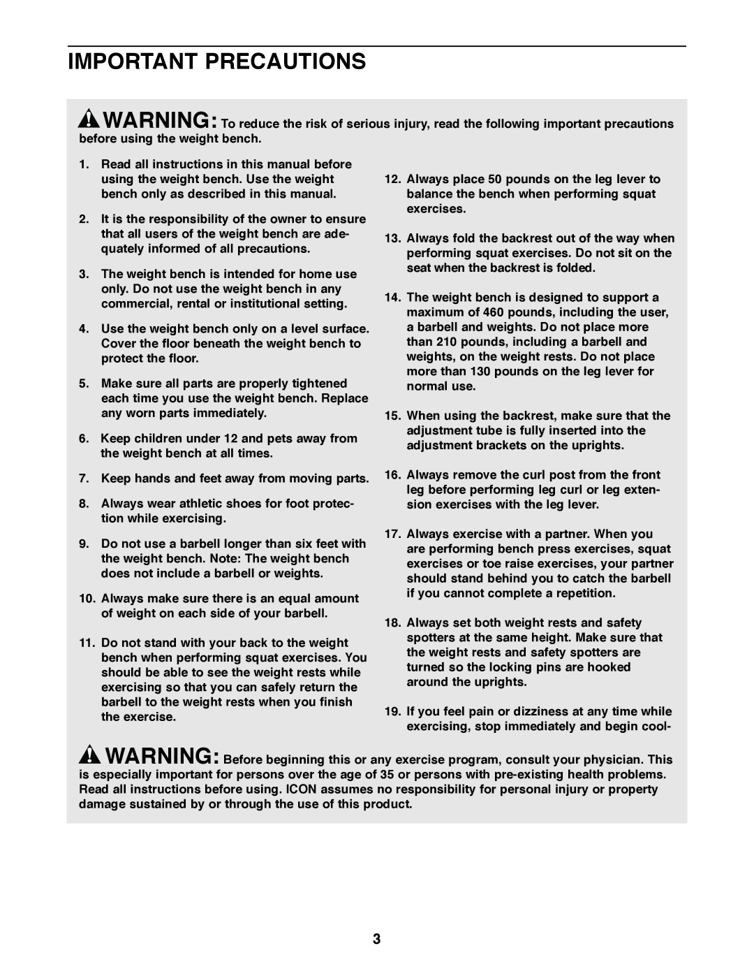 Weider WEBE64410 user manual Important Precautions 