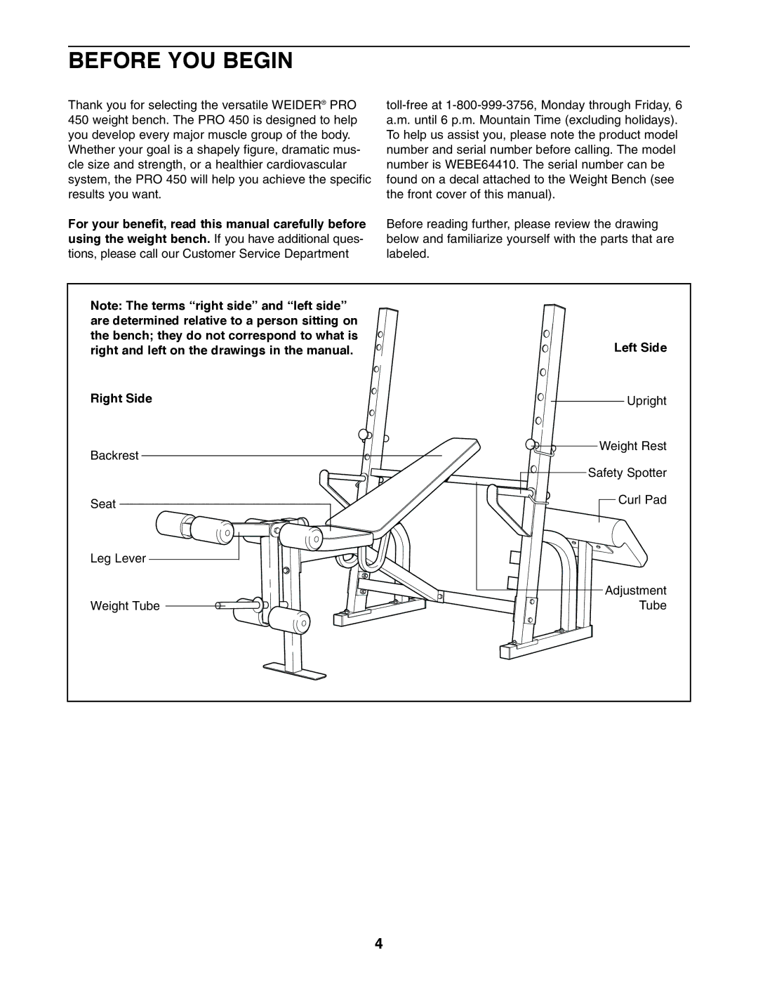 Weider WEBE64410 user manual Before YOU Begin 