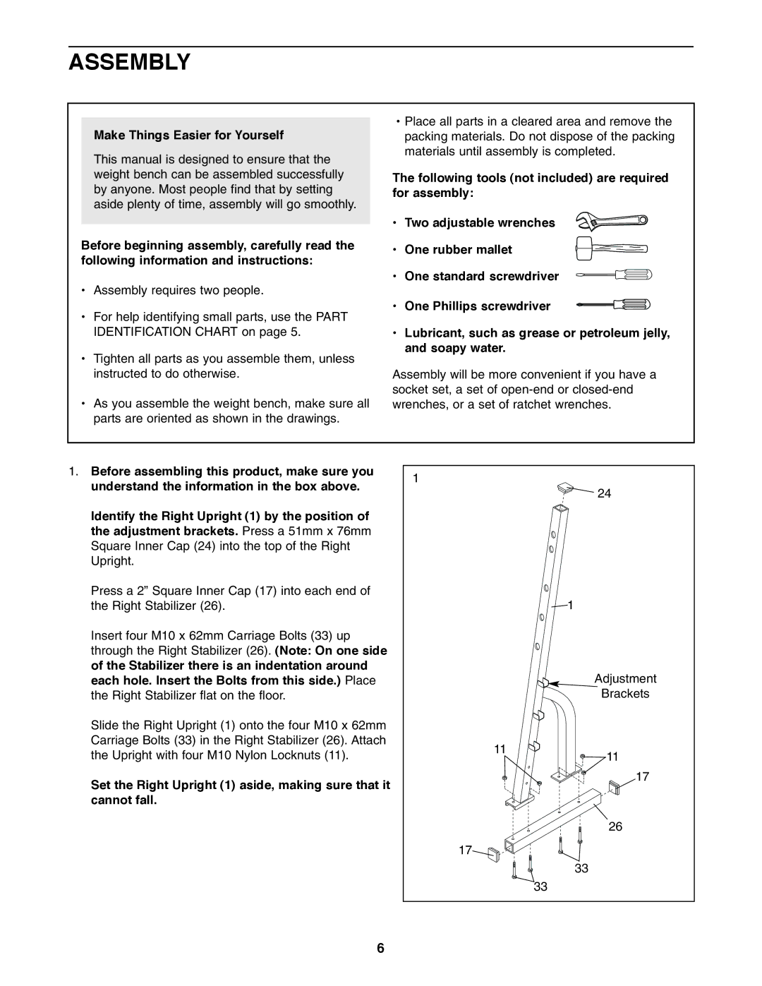 Weider WEBE64410 user manual Assembly, Make Things Easier for Yourself 