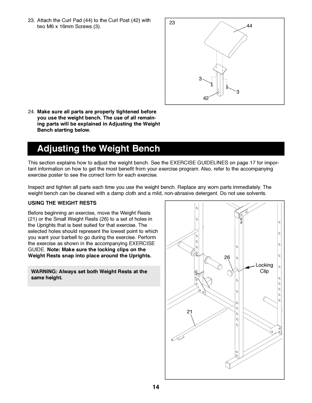 Weider WEBE96490 Adjusting the Weight Bench, Using the Weight Rests, Weight Rests snap into place around the Uprights 