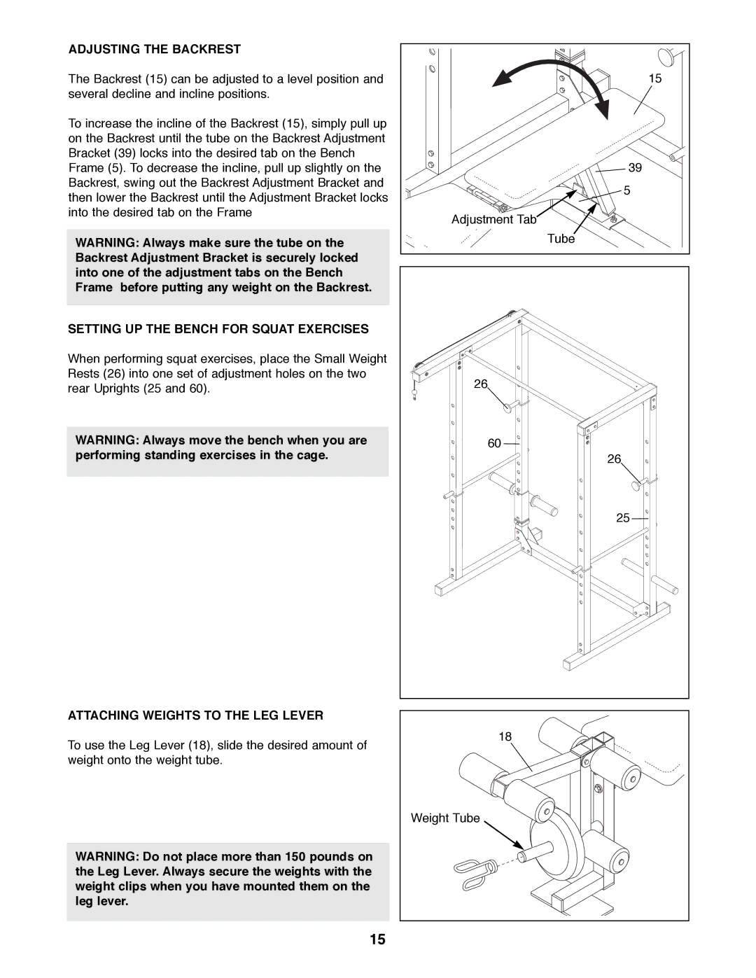 Weider WEBE96490 Adjusting the Backrest, Setting UP the Bench for Squat Exercises, Attaching Weights to the LEG Lever 