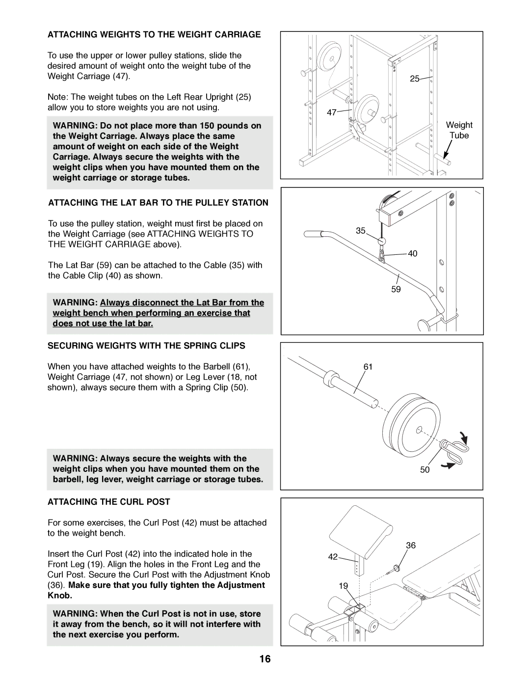 Weider WEBE96490 manual Attaching Weights to the Weight Carriage, Attaching the LAT BAR to the Pulley Station, Knob 