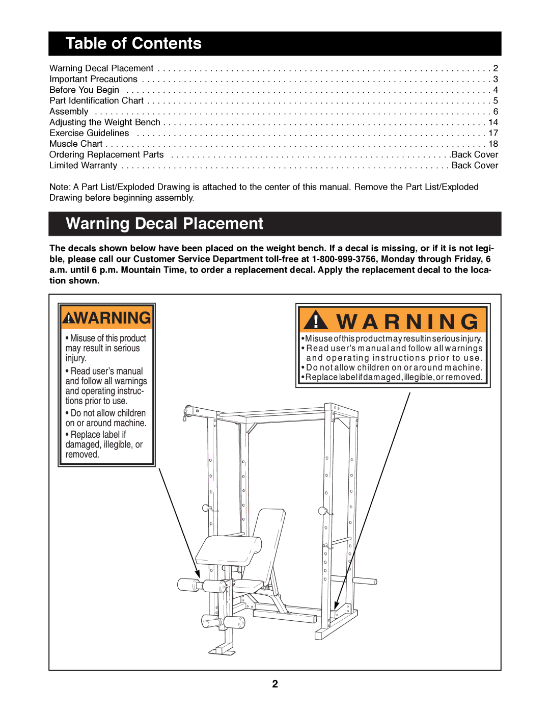 Weider WEBE96490 manual Table of Contents 