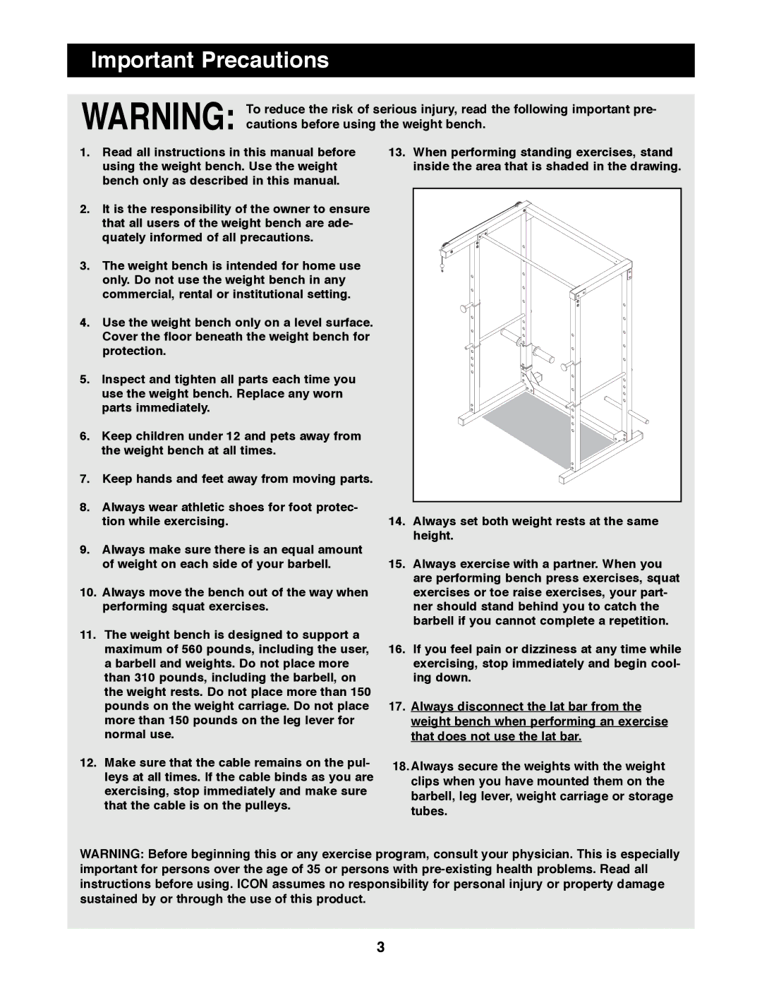 Weider WEBE96490 manual Important Precautions 