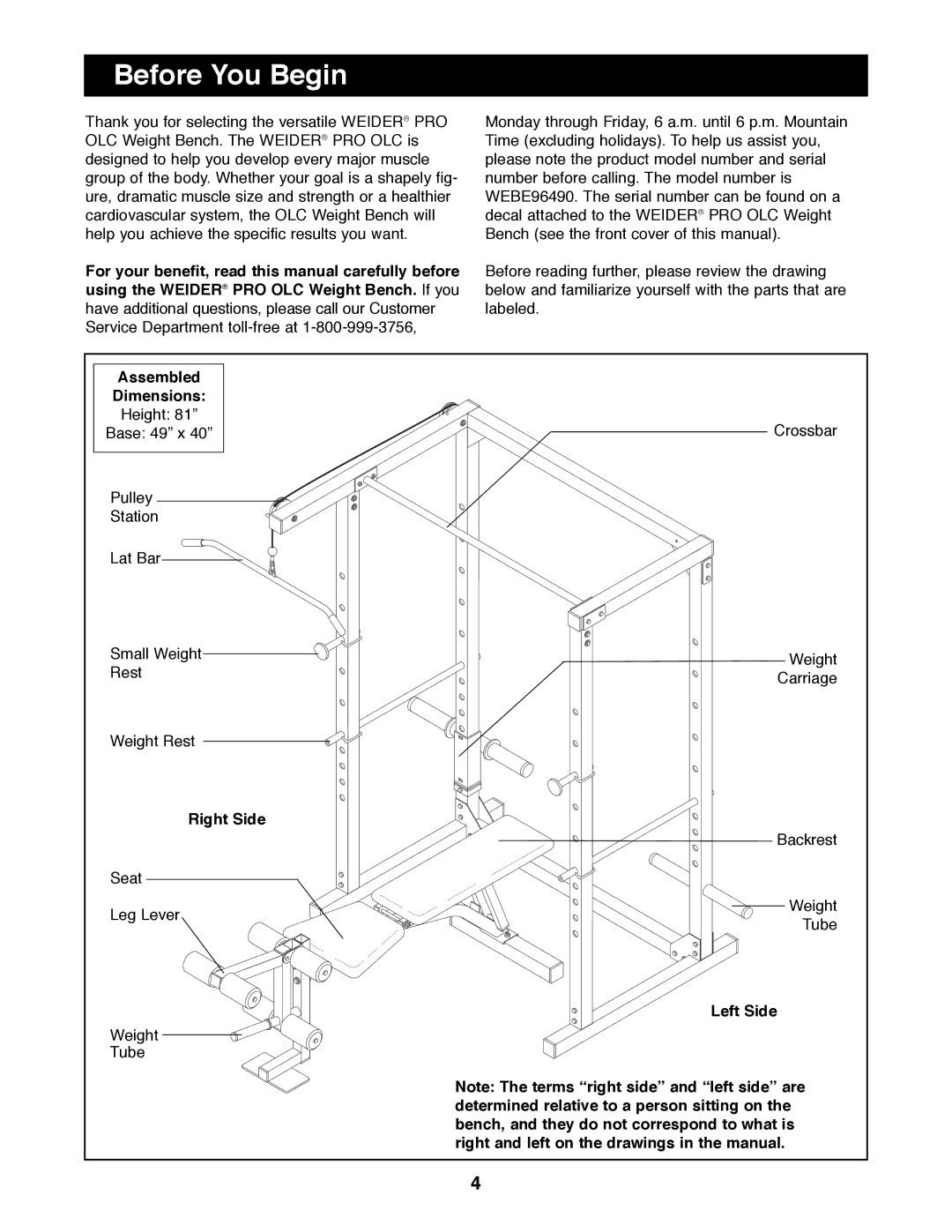 Weider WEBE96490 manual Before You Begin, Assembled Dimensions, Right Side, Left Side 