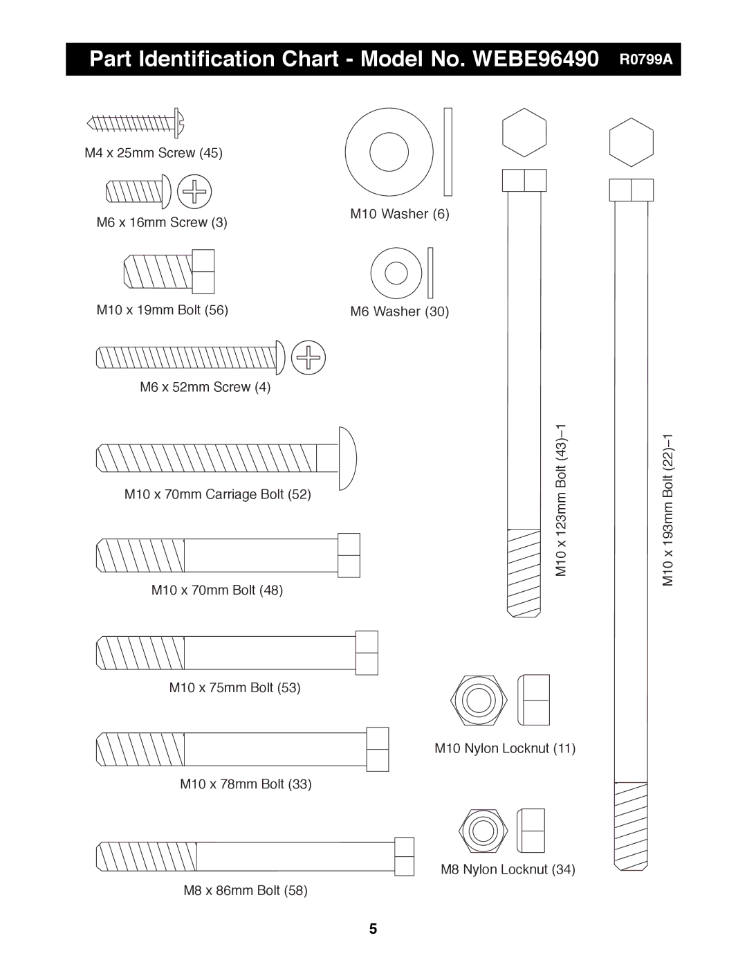 Weider manual Part Identification Chart Model No. WEBE96490 R0799A 