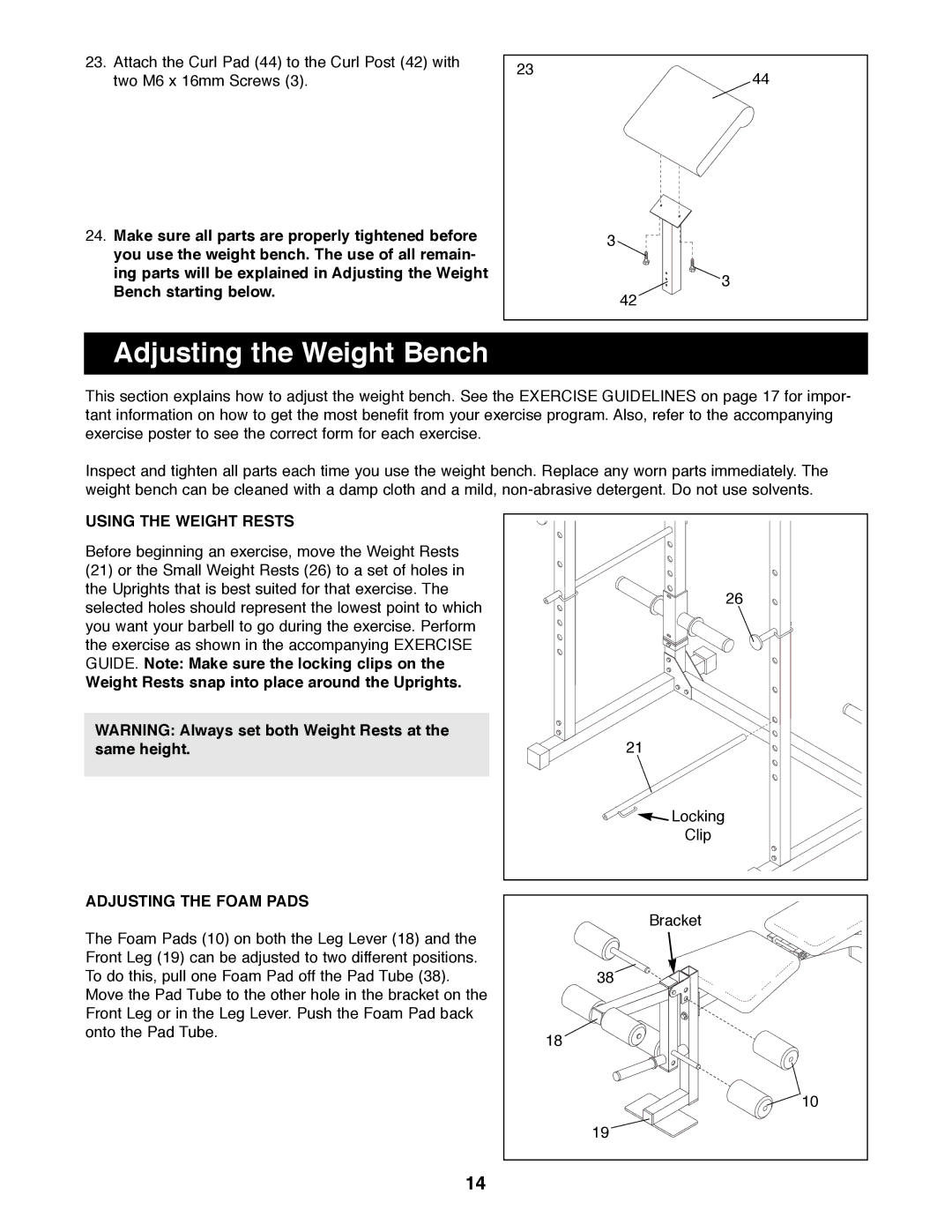 Weider WEBE96491 Adjusting the Weight Bench, Using the Weight Rests, Weight Rests snap into place around the Uprights 