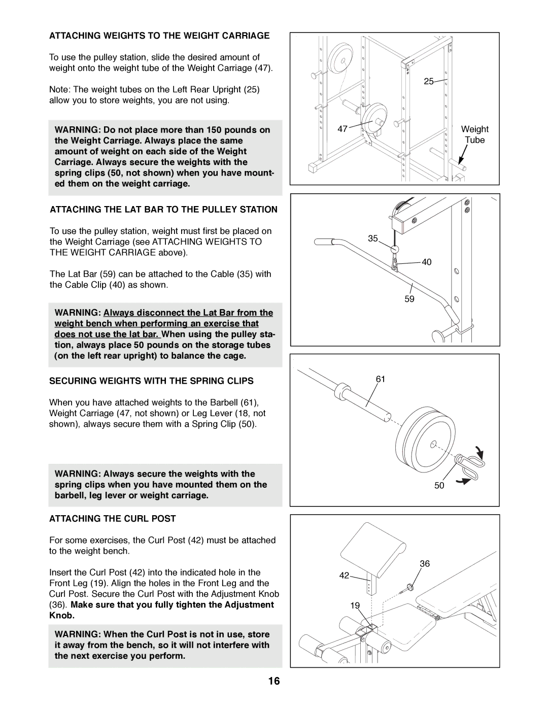 Weider WEBE96491 manual Attaching Weights to the Weight Carriage, Attaching the LAT BAR to the Pulley Station, Knob 