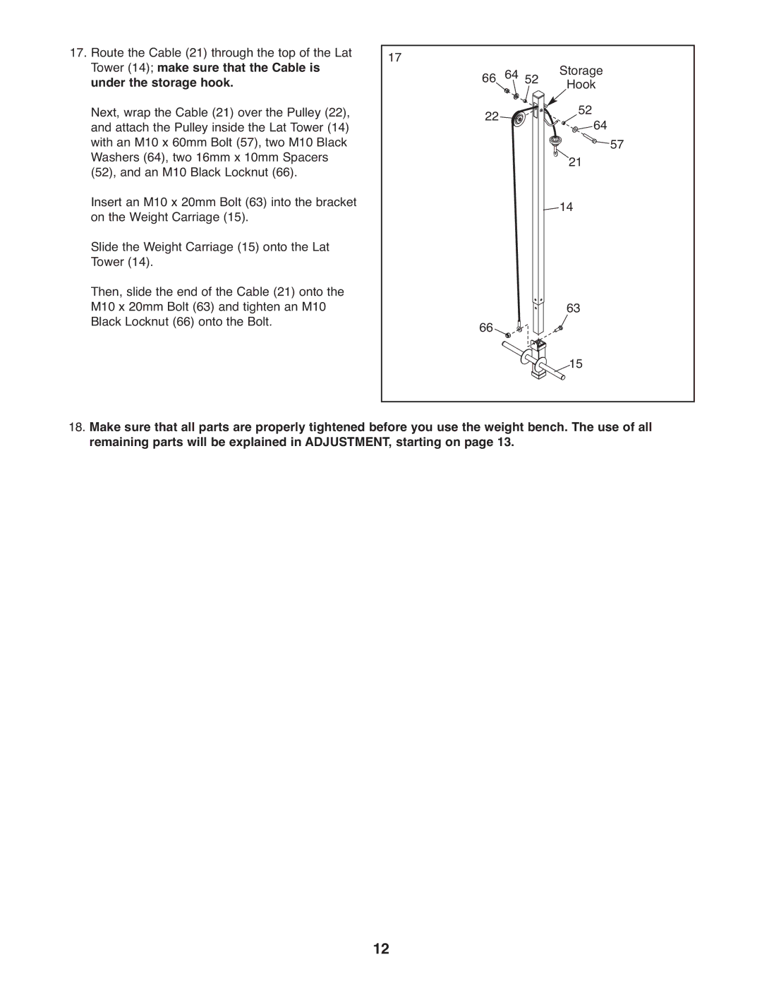 Weider WEEVBE1409.0, 240 TC manual Tower 14 make sure that the Cable is, Under the storage hook 