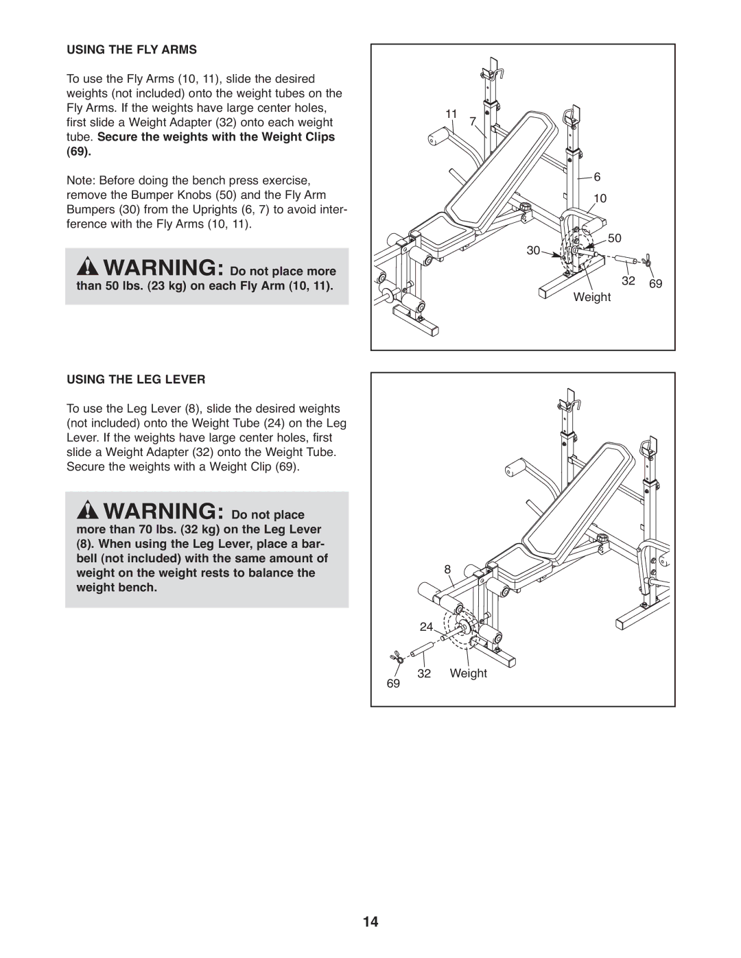 Weider WEEVBE1409.0, 240 TC manual Using the FLY Arms, Using the LEG Lever 