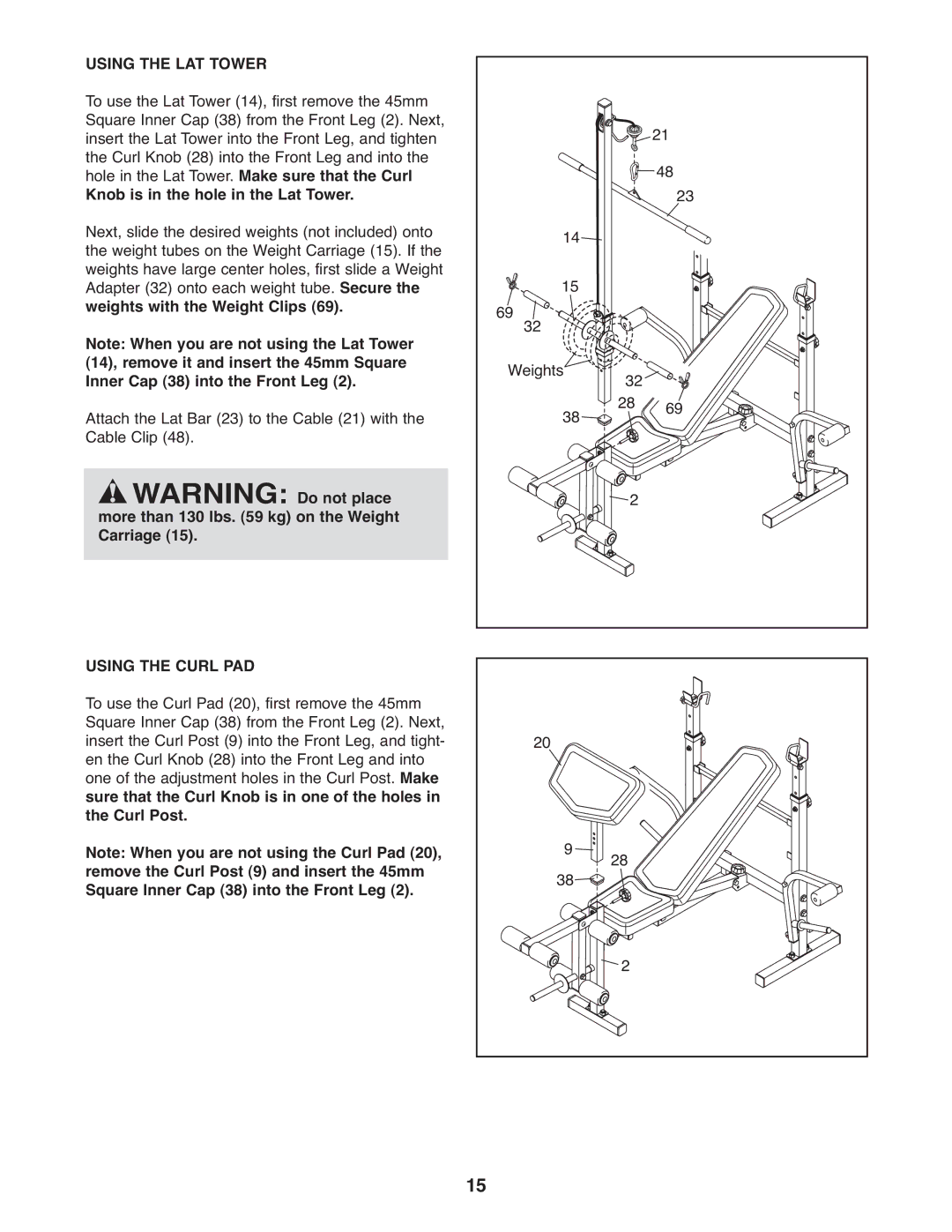 Weider 240 TC, WEEVBE1409.0 manual Using the LAT Tower, Knob is in the hole in the Lat Tower, Using the Curl PAD 