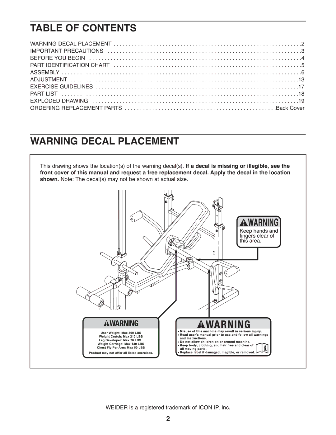 Weider WEEVBE1409.0, 240 TC manual Table of Contents 