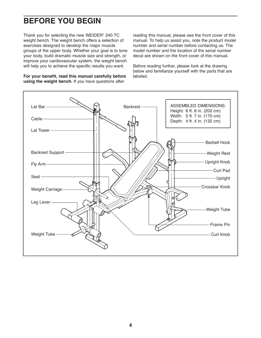 Weider WEEVBE1409.0, 240 TC manual Before YOU Begin, Assembled Dimensions 