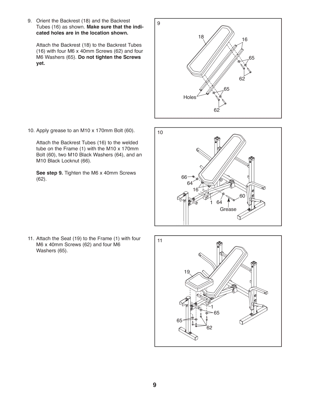 Weider 240 TC, WEEVBE1409.0 manual M6 Washers 65. Do not tighten the Screws Yet 