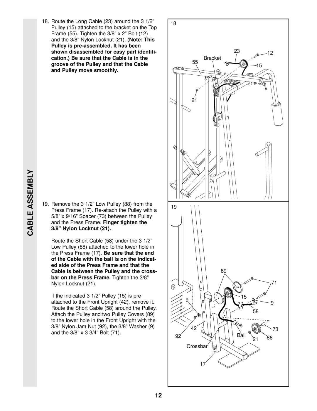 Weider WEEVSY87210 user manual Cable Assembly 